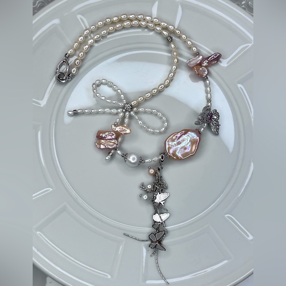 Handmade Freshwater Huge Keshi Pearl 🎀 Butterfly 🦋 Necklace Detachable Pendant
